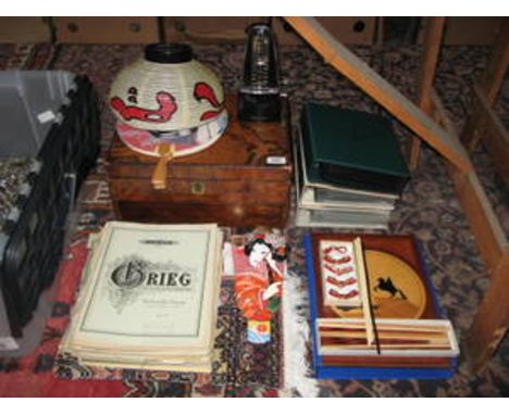 SUNDRY LOT INCLUDING WOODEN STORAGE BOX, VARIOUS MODERN POSTCARDS, SHEET MUSIC, METRONOME, INLAID PANEL, SMALL RUG PLUS MODER