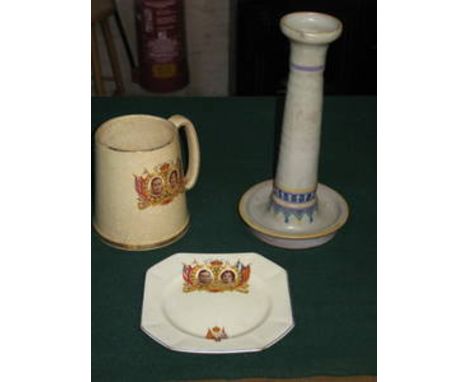 GEORGE VI AND ELIZABETH CORONATION MUG AND PLATE PLUS POOLE POTTERY CANDLESTICK 