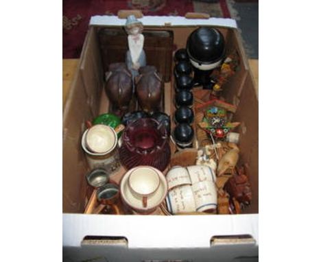 BOX LOT CONTAINING SUNDRIES INCLUDING NAO FIGURE, ELEPHANT BOOKENDS, HOME PRIDE SPICE JARS, TREEN ITEMS, BOOMERANG 