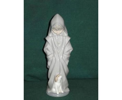 NAO GLAZED CERAMIC FIGURE- HOODED BOY WITH DOG, APPROXIMATELY 27cm HIGH 