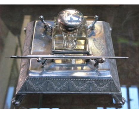 VINTAGE SILVER PLATED INKSTAND WITH QUILL PEN 