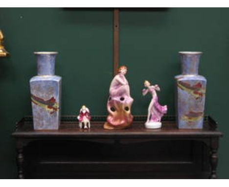 PAIR OF WILTON WARE LUSTRE GLAZED AND GILDED CERAMIC VASES (AT FAULT) PLUS THREE CERAMIC FIGURES
