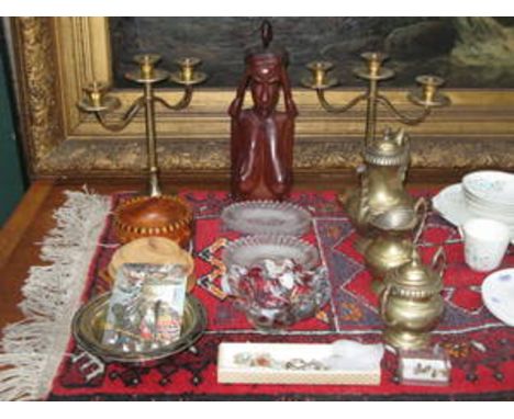 SUNDRY LOT INCLUDING SILVER PLATEDWARE, GLASS, COSTUME JEWELLERY, FLATWARE, CARVED BUST, ETC. 