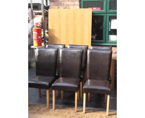 MODERN LIGHT OAK VENEERED DINING TABLE WITH SIX LEATHER EFFECT CHAIRS (SCREWS MISSING)