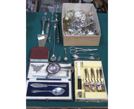 PARCEL OF SILVER PLATED FLATWARE INCLUDING TWO PIECES OF CHRISTOFLE.  ALSO SILVER SUGAR TONGS, ETC. 