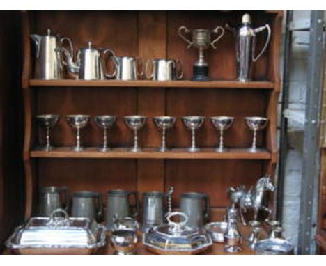 PARCEL OF VARIOUS SILVER PLATED WARE INCLUDING FOUR PIECE TEA SET, ADIE BROS COCKTAIL SHAKER, GOBLETS, ENTREE DISHES AND PEWT