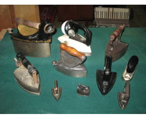 PARCEL OF VARIOUS VINTAGE GAS IRONS, FLAT IRONS, ETC. 