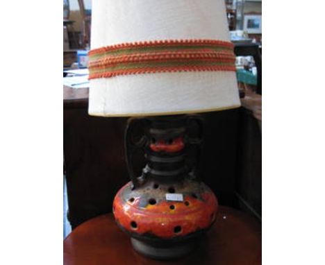 WEST GERMAN STYLE GLAZED POTTERY TABLE LAMP WITH SHADE 