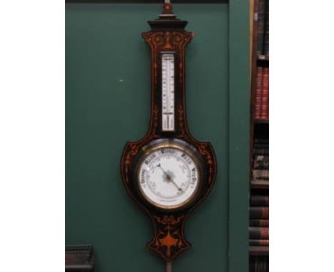 ANTIQUE INLAID ROSEWOOD CASED BAROMETER WITH ENAMELLED DIAL 