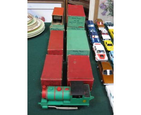 UNBOXED HORNBY 1964 0 GAUGE CLOCKWORK PERCY ENGINE PLUS EIGHT BOXED 1950s 0 GAUGE GOODS WAGONS 
