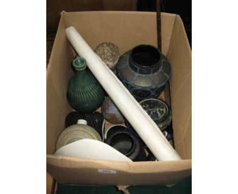 BOX LOT OF VARIOUS SUNDRY CERAMICS PLUS WALKING STICK, POSTER, ETC. 