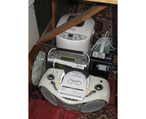 SUNDRY LOT INCLUDING BREAD MAKER, IRON, ROBERTS RADIO, GOODMAN CD PLAYER PLUS MODERN WALL CLOCK AND LUMIX DIGITAL CAMERA 