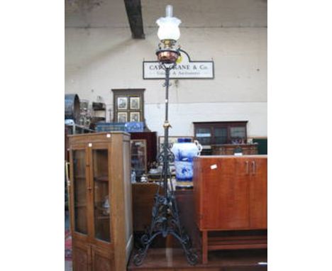 VINTAGE CAST IRON AND COPPER AND BRASS OIL LAMP WITH GLASS SHADE 