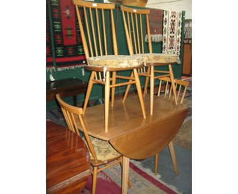 ERCOL LIGHT OAK DROP LEAF DINING TABLE AND FOUR CHAIRS 