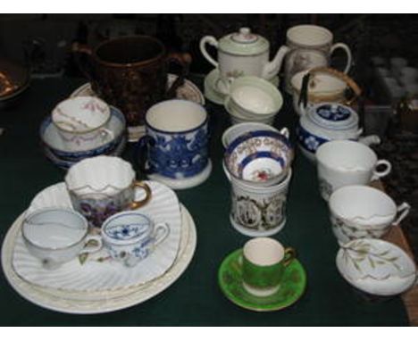 SUNDRY LOT OF CERAMICS INCLUDING DOULTON TWO HANDLED LOVING CUP, VARIOUS MOUSTACHE CUPS, PLATES, ETC. 