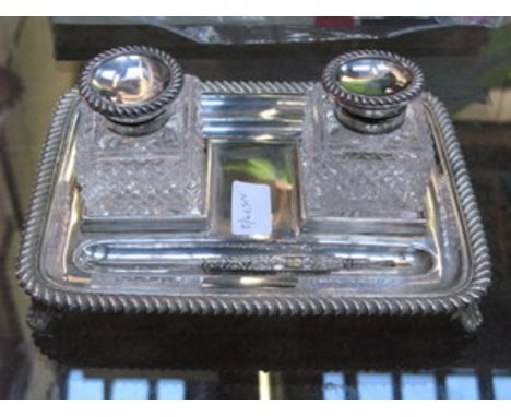 VINTAGE SILVER PLATED DOUBLE INKWELL WITH QUILL PEN 