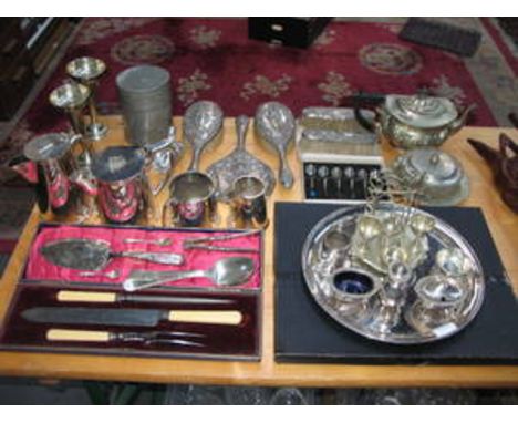 LARGE QUANTITY OF SILVER PLATED WARE, TEA SET, CARVING SET, CRUET SET.  ALSO SILVER DRESSING TABLE SET FOR RESTORATION, FLATW