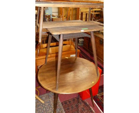 A mid Ercol circular kitchen table, dia. 98cm, together with a further mid Ercol elm square kitchen table, and a mid Ercol el