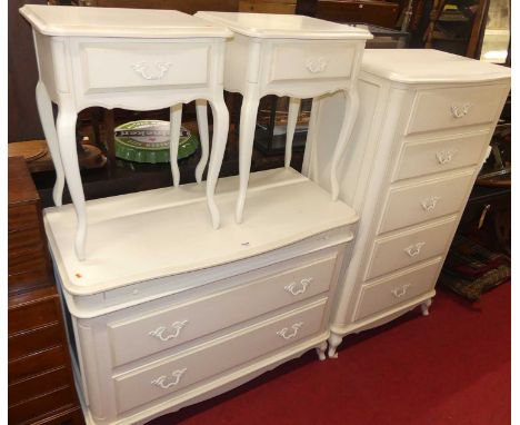 Laura Ashley white wood bedroom furniture to include; a narrow chest of five drawers, width 75cm, a commode chest of two long