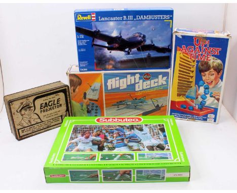 A collection of mixed vintage games and accessories to include an Airfix flight deck, an Ideal Corporation Up Against Time bo