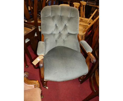 A mid-Victorian mahogany framed blue button dralon upholstered nursing chair on turned forelegs, width 69cm