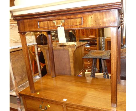An early George III mahogany fold-over tea tabl,e with rear gate leg action, later single frieze drawer and on chamfered squa