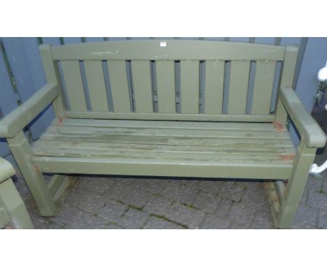 A green painted hardwood timber slatted three-seater garden bench, width 154cm
