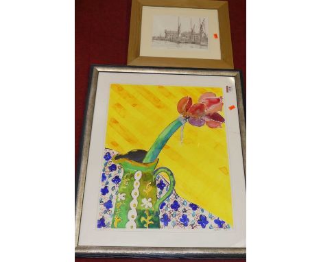 Carolyn I'anson - Amarylis, watercolour, signed lower right, 48x38cm, and a monochrome print of Faversham Creek (2)