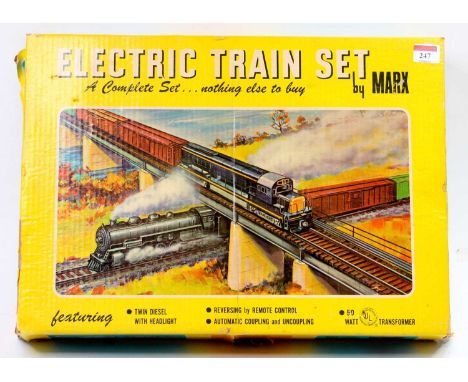 Marx Toys USA Trainset 41821 comprising twin diesels with headlight, car carrier with cars, freight car, car carrier without 