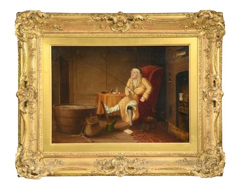 Follower of William HogarthThe Angler's dream signed lower left 'WL 1812' (strengthened) oil on artist's board 30 x 43cm COND
