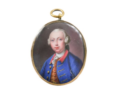 Circle of Gervase Spencer, circa 1760Portrait miniature of a gentleman, wearing a blue coat and red waistcoat embroidered wit