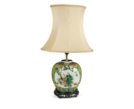 A Chinese famille verte porcelain ginger jar, circa 1900painted with a scholar and attendant, coverted to a lamp, height of v