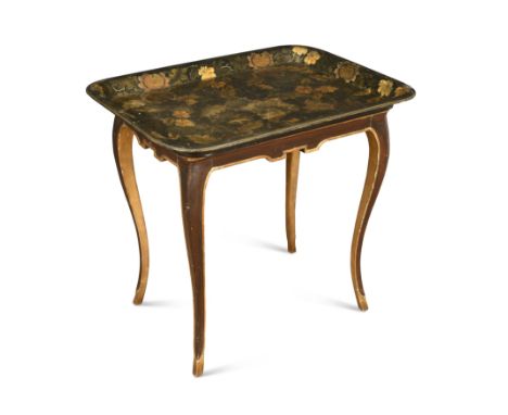 A Regency papier-mâché tray,finely painted with butterflies and chrysanthemums, on a later painted stand with cabriole legs 6