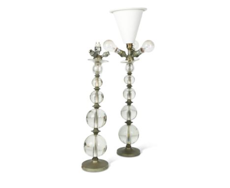 A pair of glass ball table lamps, probably supplied by Maison Jansen, early 20th century,each with a series of graduated glas