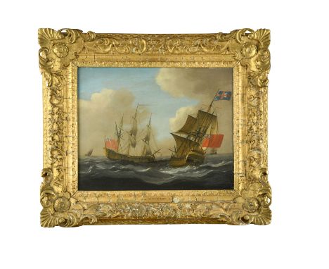 Circle of Francis Swaine (British, 1720-1783)Two British men-o-war in close quarters in the Channel oil on canvas 33.5 x 42.5