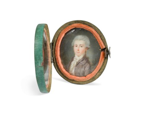 French School, late 18th CenturyPortrait miniature of a gentleman, in a pale mauve coat and white stock, his hair powdered en