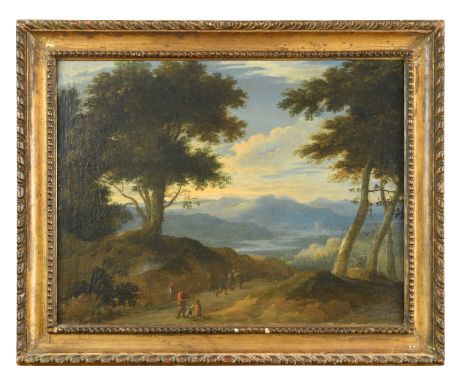 Follower of Jacques d’ArthoisA Wooded landscape with figures and a packhorse on a path, mountains beyond oil on canvas, 40 x 