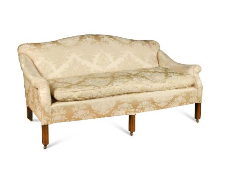 A mahogany framed sofa, 19th century,upholstered in floral damask and raised on six moulded legs with casters 85 x 180 x 85cm