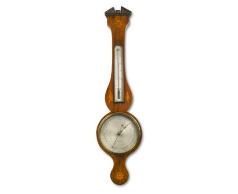 A mahogany and marquetry wheel barometer, 19th century,with silvered thermometer and 8 inch dial signed 'Lione Somalvico &amp