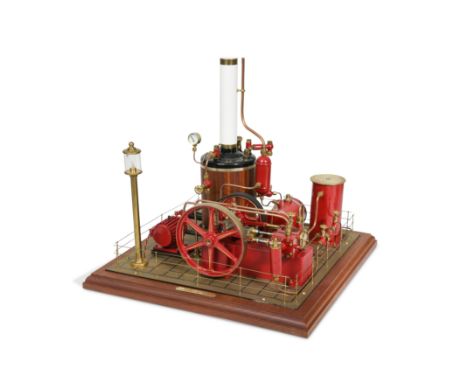 A precision built live steam model of a York-Bolton mill engine by Maxwell Hemmens, 1997,mounted to a hardwood base with bras