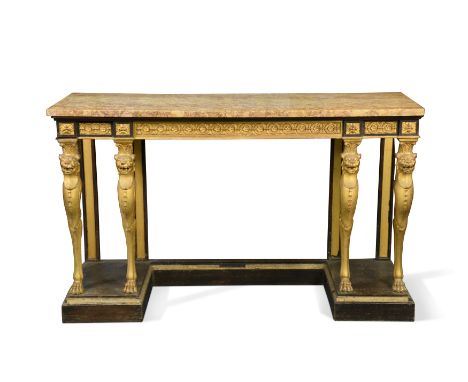 A mahogany and giltwood console table, in the manner of Gottfried Semper, mid 19th century,with marble top over a frieze draw