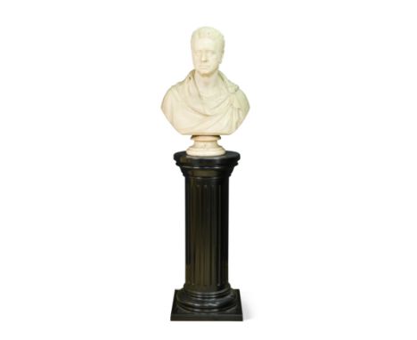 Thomas Campbell (Scottish, 1790-1858), a carved marble bust of a gentleman,modelled wearing a cloak, signed and dated 1844 to