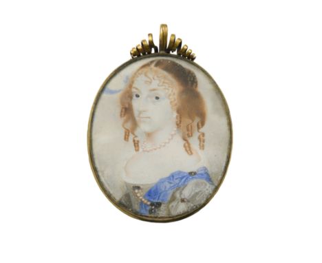 English Provincial SchoolPortrait miniature of a Lady, said to be Catherine of Braganza (1638-1705) watercolour on vellum, ov