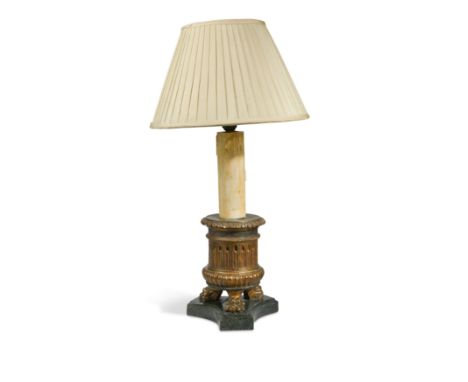 A Continental neoclassical giltwood and polychrome table lamp,the verde-antico marble base with lion's paw giltwood and polyc