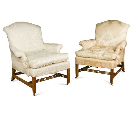 A pair of Edwardian mahogany framed armchairs, in the style of Alexander Peter,with gold floral damask upholstery; together w