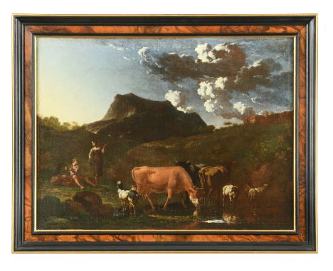 Circle of Pieter van Bloemen (Flemish, 1657-1720)An Italianate scene with ox and sheep resting by a pool oil on canvas 47 x 6