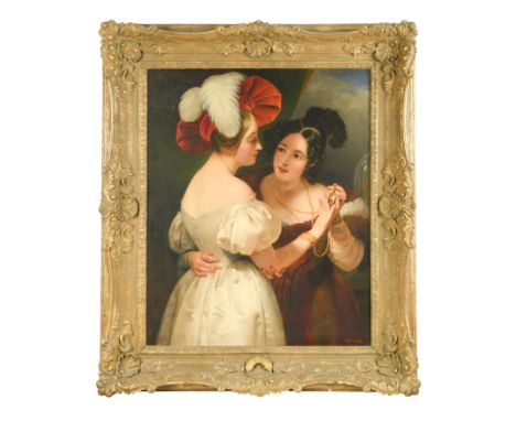 Claude-Marie Dubufe (French, 1790-1864)The New Locket signed lower right 'Dubufe' oil on canvas laid on hardboard 99 x 80cmFo