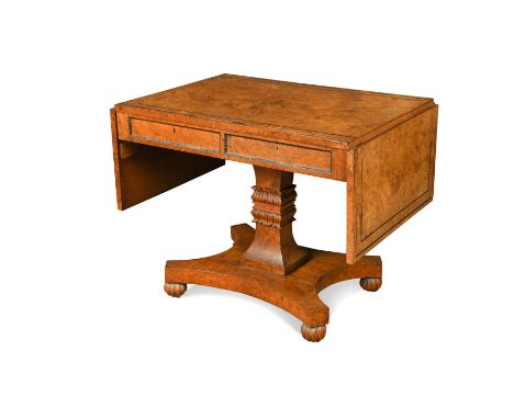 A William IV burr oak and ebony strung sofa table, circa 1835,with two frieze drawers decorated with egg and dart moulding, o