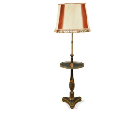 A Chinoiserie decorated standard lamp,with pierced brass gallery sided table 138 x 39cmCondition report: some wear and loss c