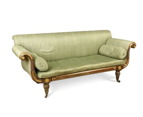 A Regency scroll end settee, upholstered in green figured horsehair,with gilt highlighted show wood arms and legs 96 x 220 x 